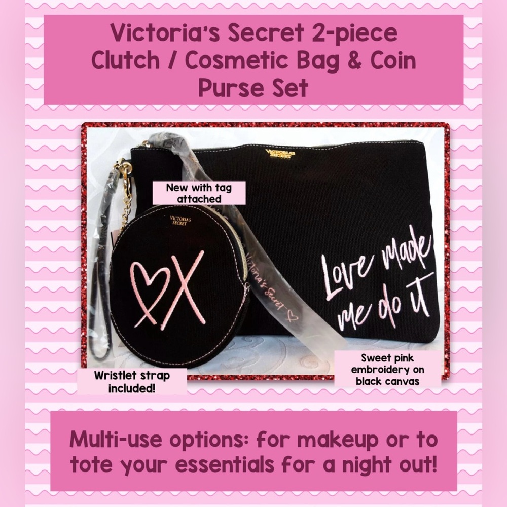 Victoria's Secret 2-piece Clutch / Wristlet + Coin Purse Set Pink Embroidery